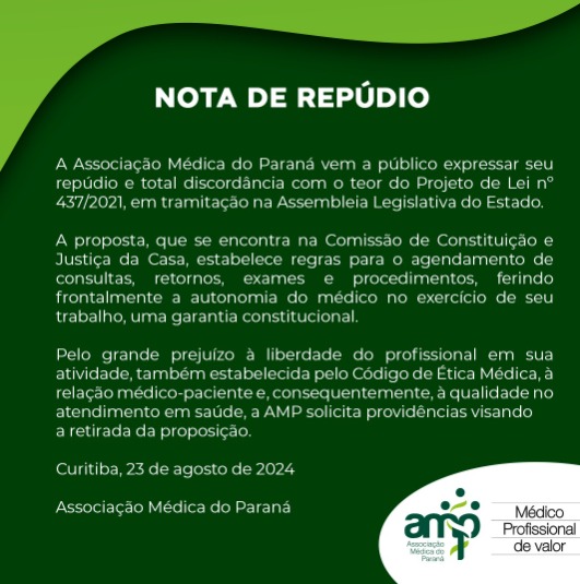 AMP publica nota de repúdio a projeto de lei que fere autonomia dos médicos